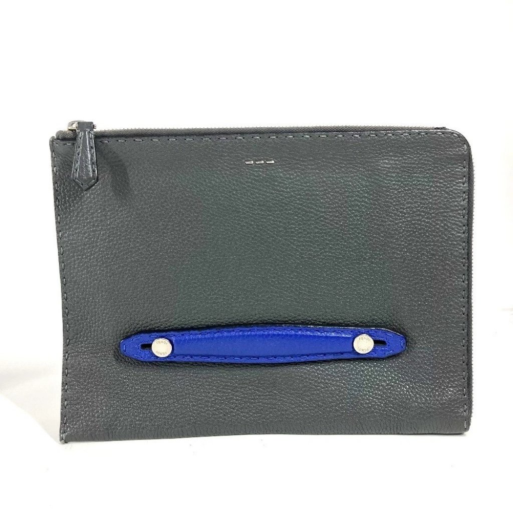Fendi Selleria Logo Pouch Bag Clutch Bag Leather Black/Blue X Dark Gray